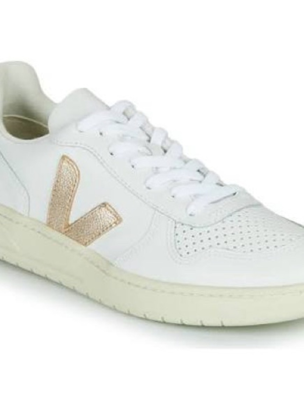 Veja Women’s V-10 White Leather Sneaker with Gold Accent